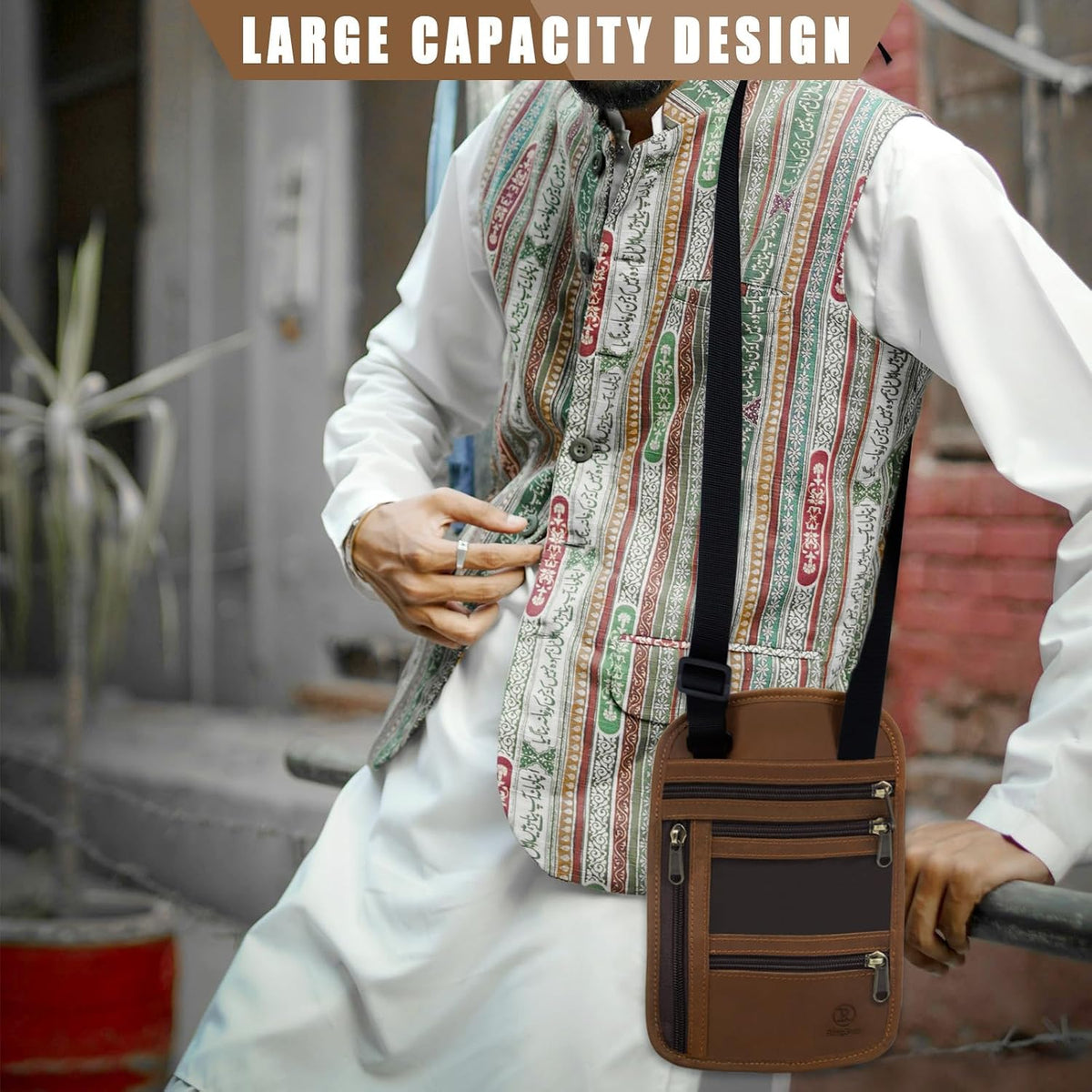 RFID-Blocking Leather Travel Passport Wallet with Adjustable Strap