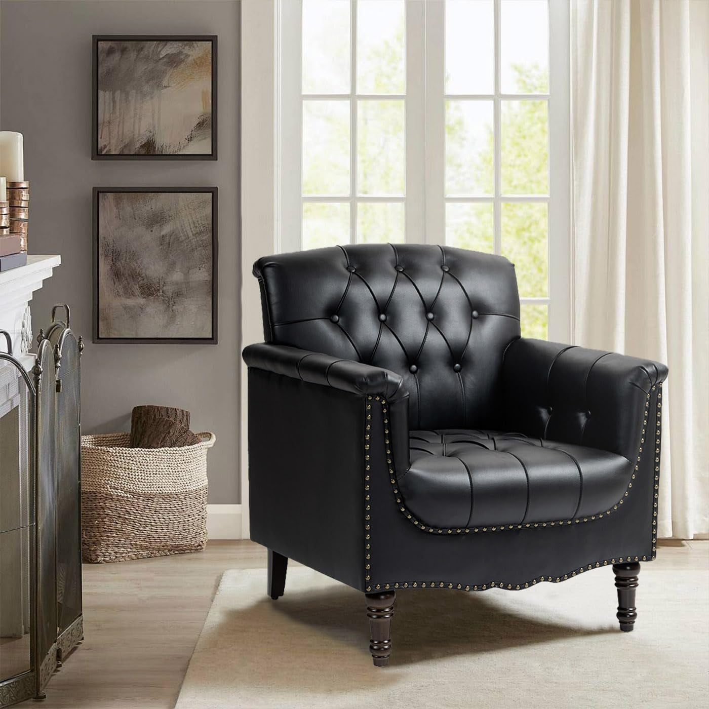 DREAMSIDEA Faux Leather Accent Chair, PU Leather Modern Comfy Upholstered Armchair with Wood Legs & Nailhead Trim for Living Room, Bedroom (Black,Set of 2)