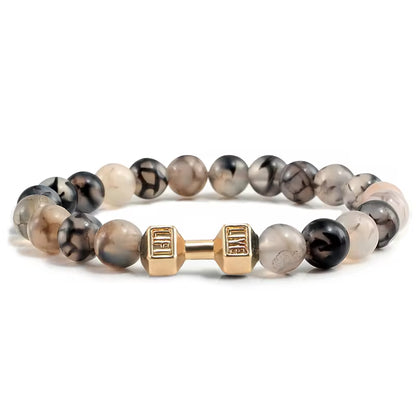 ForgeFit™ Volcanic Stone Fitness Bracelet / Natural Volcanic Stone Bracelet Men Matte Black Lave White Beads Charm Dumbbell Strand Bracelets Women Barbell Fitness Jewelry