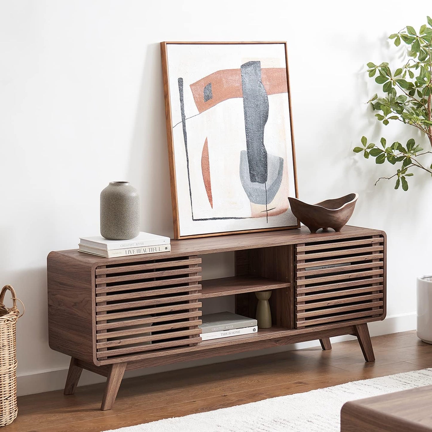 Mopio Ensley 59" TV Stand with Slatted Door, Mid Century Modern Entertainment Center for 55/60/65 Inch TV, Farmhouse Media Console with Storage, Adjustable Shelves, round Edges, Living Room (Walnut)