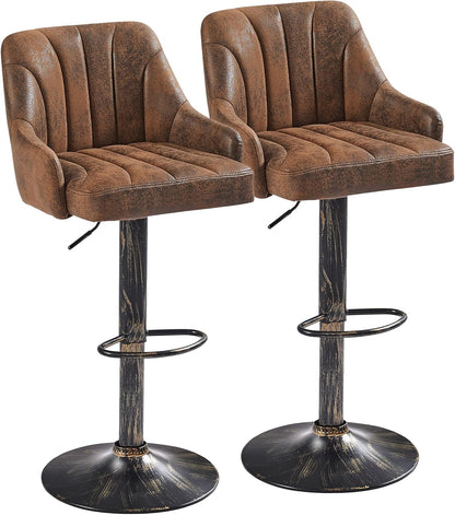 VECELO Bar Stools Set of 2, Adjustable Counter Height Barstools with Back and Arm, Swivel Bar Chair Stools for Kitchen Counter Island Cafe Dining Room, Industrial Style, Brown