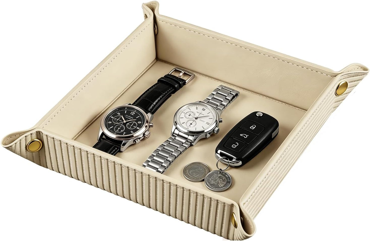 Viral Vault Roman Texture Valet Tray — PU Leather EDC Catchall & Nightstand Organizer