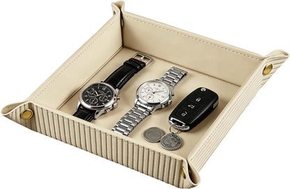 Viral Vault Roman Texture Valet Tray — PU Leather EDC Catchall & Nightstand Organizer