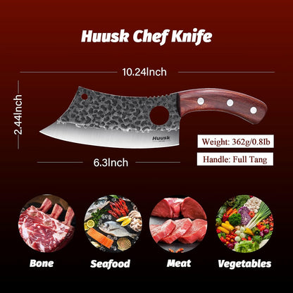 Meat Cleaver Knife, Hand Forged Butcher Knife for Meat Cutting, Full Tang Viking Knife with Sheath, Japanese Chef Knives for Kitchen, Outdoor Cooking, Camping, BBQ, Gift for Man and Women