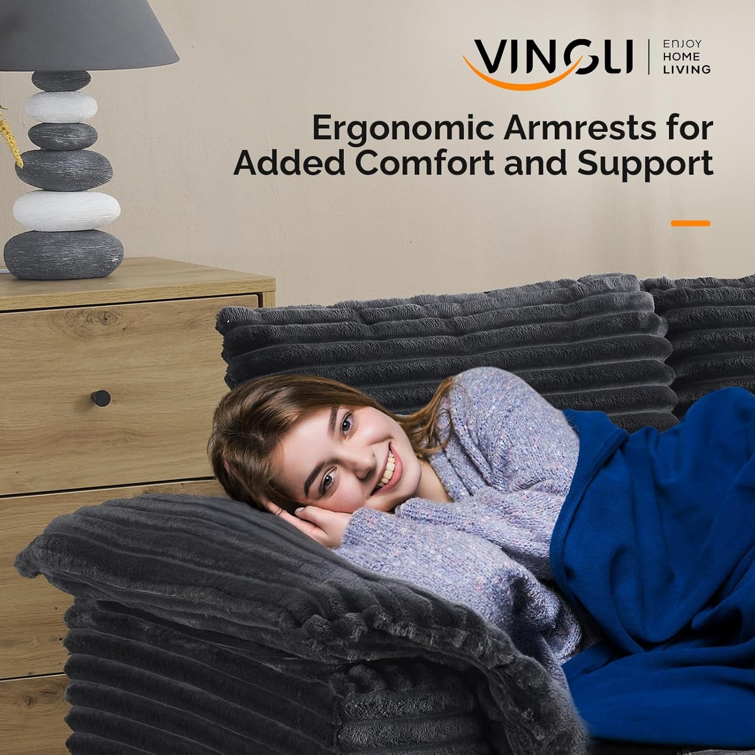 VINGLI 56" Oversized Chaise Lounge Chair, Dark Grey Comfy Corduroy Chaise Sofa Recliner Bed Upholstered Sleeper Couch Bed with Throw Pillows and Armrests for Living Room, Movie Room, Bedroom