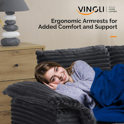 VINGLI 56" Oversized Chaise Lounge Chair, Dark Grey Comfy Corduroy Chaise Sofa Recliner Bed Upholstered Sleeper Couch Bed with Throw Pillows and Armrests for Living Room, Movie Room, Bedroom