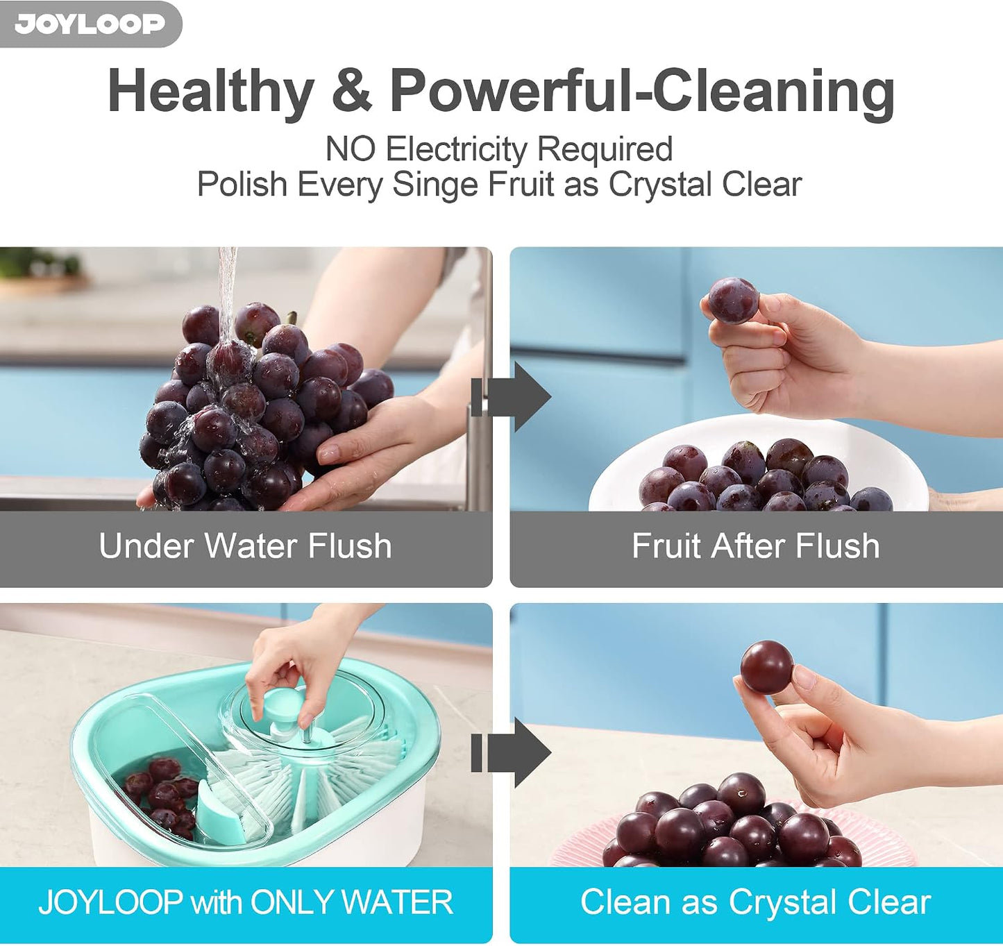 JOYMOOP JOYLOOP Fruit Cleaner Spinner, Large Produce Rinse Bowl with Drain Basket, Vegetable Scrubber for Berries, Grapes, Salad and Vegetables