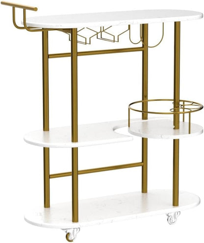 PAUKIN Gold Bar Carts with 4-Tier Storage Shelves, Mobile Bar Serving Cart with Wine Rack and Glass Holder, for the Home, Kitchen, Living Room, Dining Room