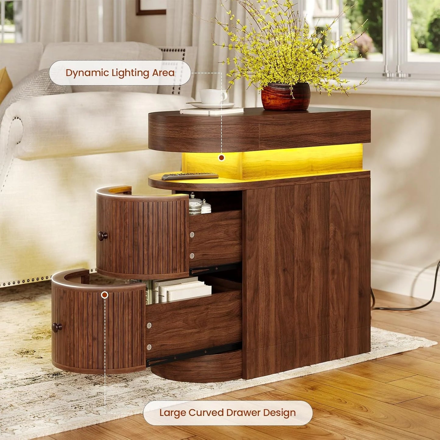 Bedroom Nightstand Charging Station LED Lights Sliding Top Drawers