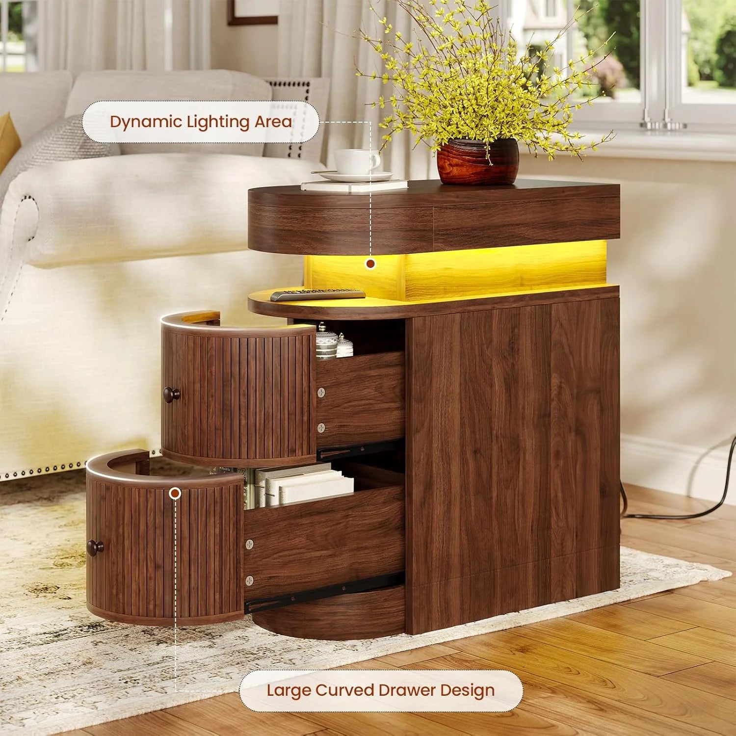 Bedroom Nightstand Charging Station LED Lights Sliding Top Drawers