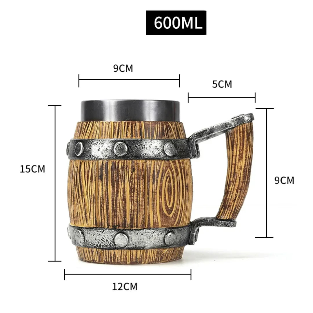 Viking Wood Style Beer Mug 3D Resin Stainless Steel Coffee Cup Wine Glass Metal Double Wall Mug Beer Jug Cup Thermal