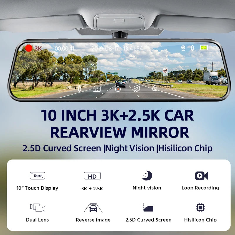 E-ACE 3K+2.5K DVR Mirror for 10"Dash Cam Recorder Optional Rear Camera Night Vision Hisllicon Chip GPS WIFI 24H Parking Monitor
