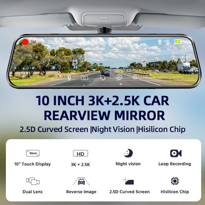 E-ACE 3K+2.5K DVR Mirror for 10"Dash Cam Recorder Optional Rear Camera Night Vision Hisllicon Chip GPS WIFI 24H Parking Monitor