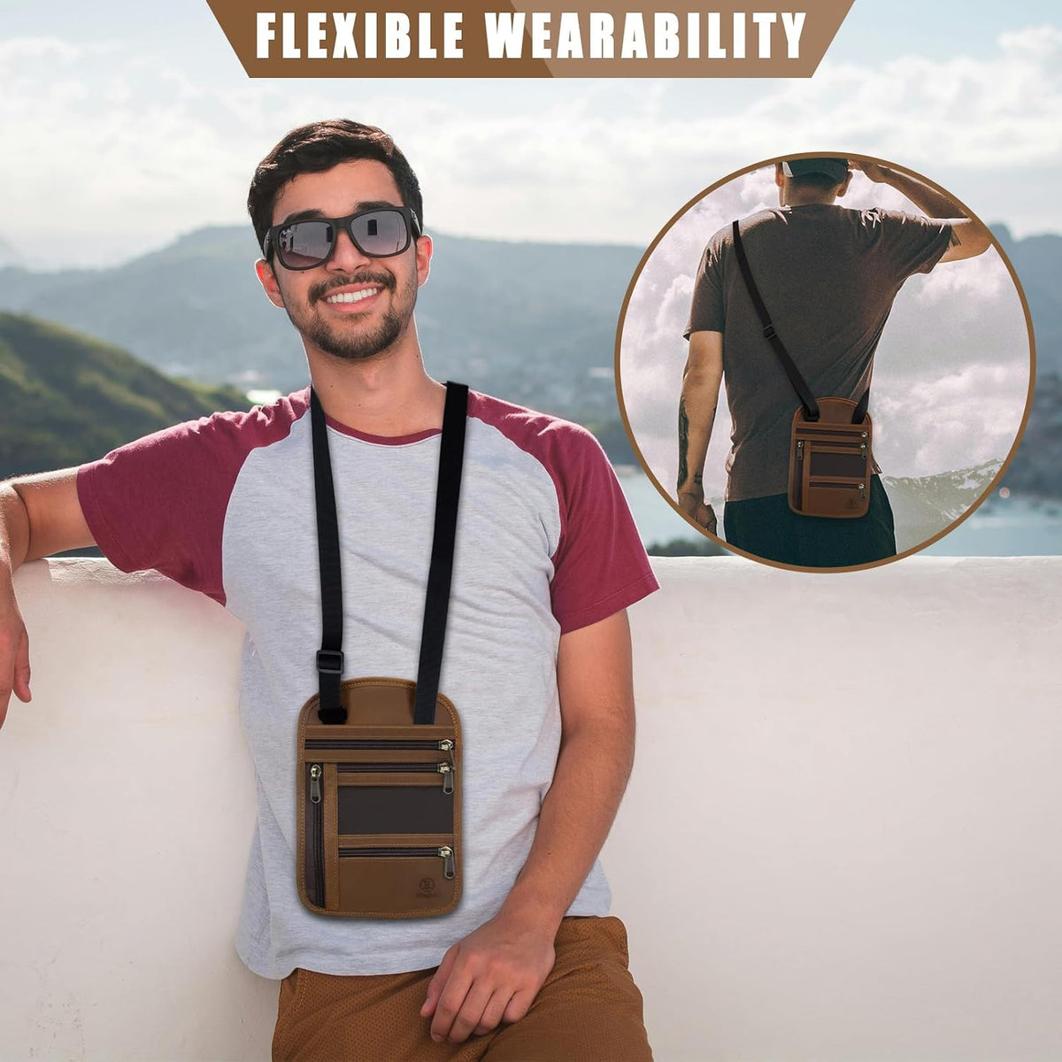 RFID-Blocking Leather Travel Passport Wallet with Adjustable Strap