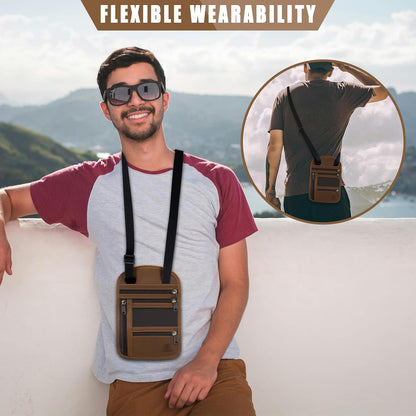 RFID-Blocking Leather Travel Passport Wallet with Adjustable Strap