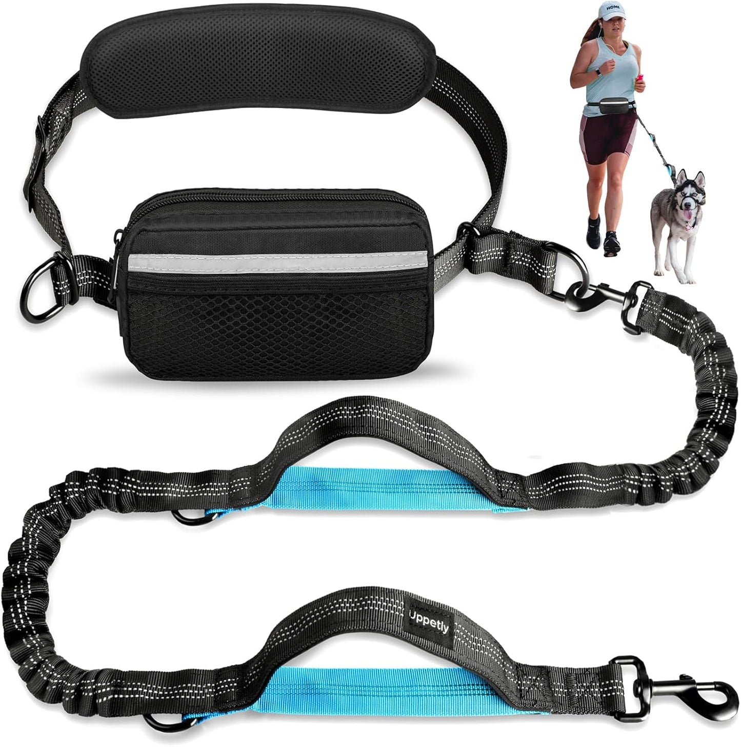 Uppetly Hands Free Dog Running Leash with Waist Belt, Dual Handle Elastic Bungees Retractable Rope for Medium and Large Dogs, Reflective Stitches for Walking Hiking Biking (Large Pink, 25-120Lb