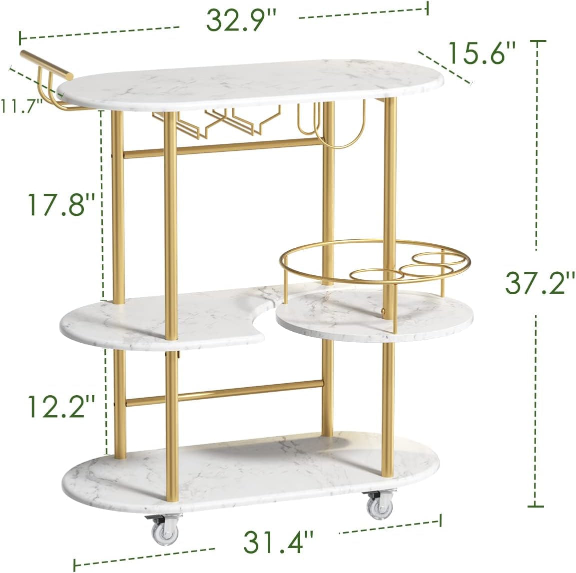 PAUKIN Gold Bar Carts with 4-Tier Storage Shelves, Mobile Bar Serving Cart with Wine Rack and Glass Holder, for the Home, Kitchen, Living Room, Dining Room