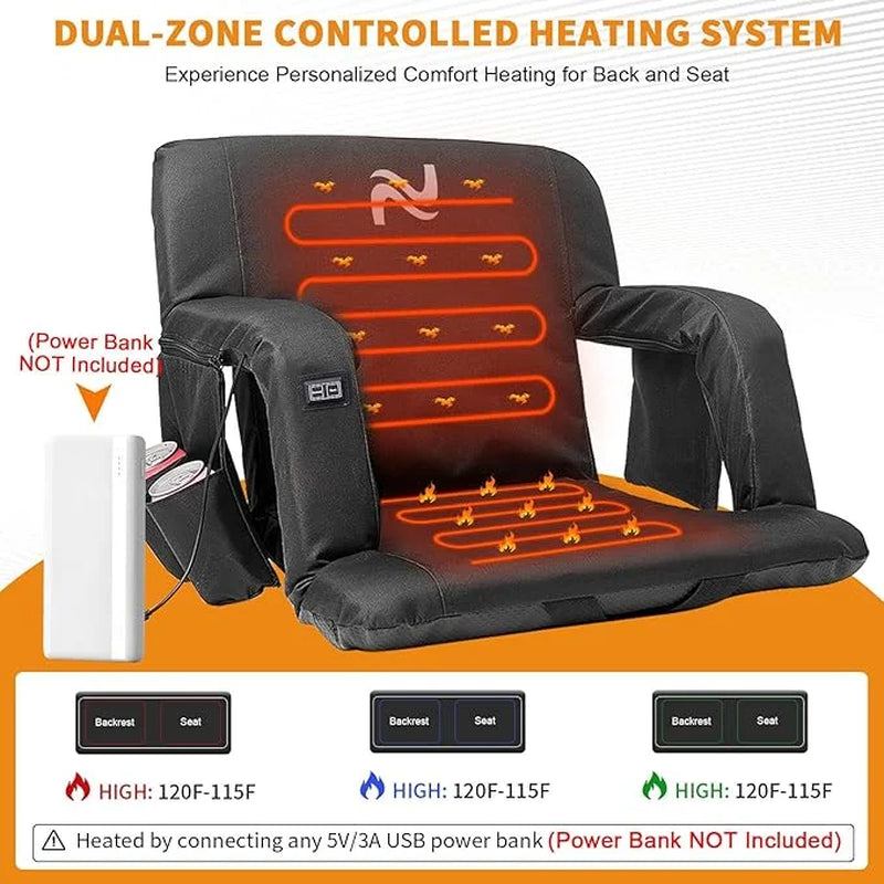 SLSY Heated Stadium Seat Bleacher Seat with Back & Arm Support, Portable 6 Reclinng Positions Stadium Seating for Bleachers, Bleacher Seats for Sports Events, Outing, Travelling, Hiking