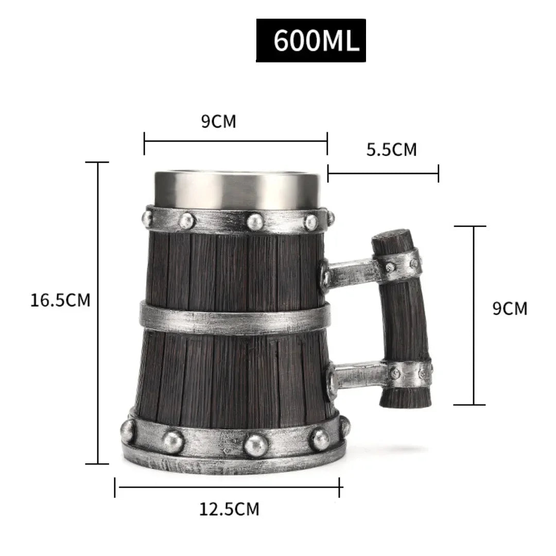 Viking Wood Style Beer Mug 3D Resin Stainless Steel Coffee Cup Wine Glass Metal Double Wall Mug Beer Jug Cup Thermal