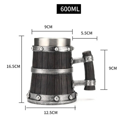 Viking Wood Style Beer Mug 3D Resin Stainless Steel Coffee Cup Wine Glass Metal Double Wall Mug Beer Jug Cup Thermal