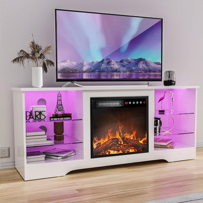 Tavata Fireplace TV Stand Entertainment Center with 36" Fireplace, 70" Wooden TV Console for Tvs up to 80", Modern TV Stands for Living Room with High Gloss Storage Cabinet and LED Lights (Grey)