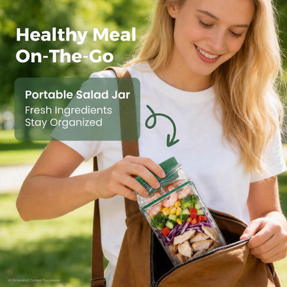 Portable-Salad-Jar Side Opening,Salad-Pod with Dressing Cup 33.8 Oz | 2.5 Oz Cup, Lid Container for Lunch Lid Converts to Bowl Leakproof Design for Office, Travel, Picnic, Meal Prep (Green)