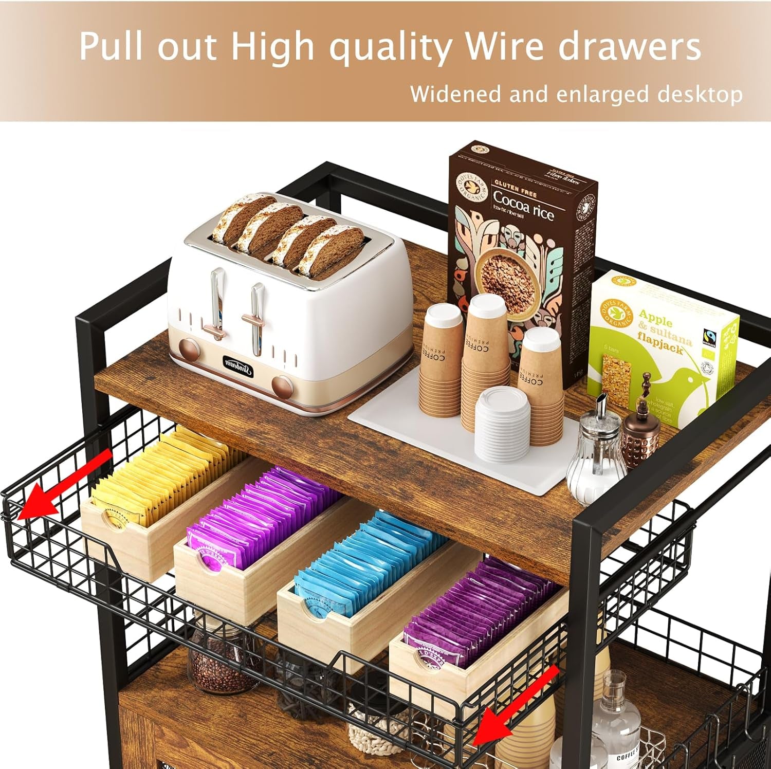 Hencawima Coffee Bar Cabinet, 3 Tier Coffee Station Table on Wheels, 35.9" H Bar Cart with Wire Basket Drawer & 5 Hooks for Home Kitchen, Liquor Buffet Sideboard Cabinet (Rustic Brown)