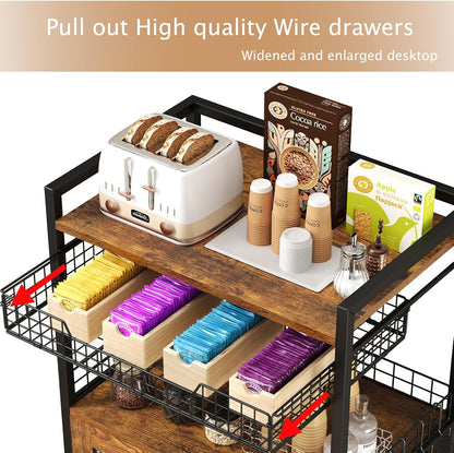 Hencawima Coffee Bar Cabinet, 3 Tier Coffee Station Table on Wheels, 35.9" H Bar Cart with Wire Basket Drawer & 5 Hooks for Home Kitchen, Liquor Buffet Sideboard Cabinet (Rustic Brown)