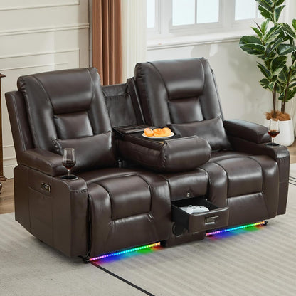 URRED Power Loveseat Recliner Sofa with Center Console, Wall Hugger RV Reclining Couch, Home Theater Seating with LED Lights, Bluetooth Speakers, USB Ports, Outlets, Cup Holders, Side Pockets (Coffee)
