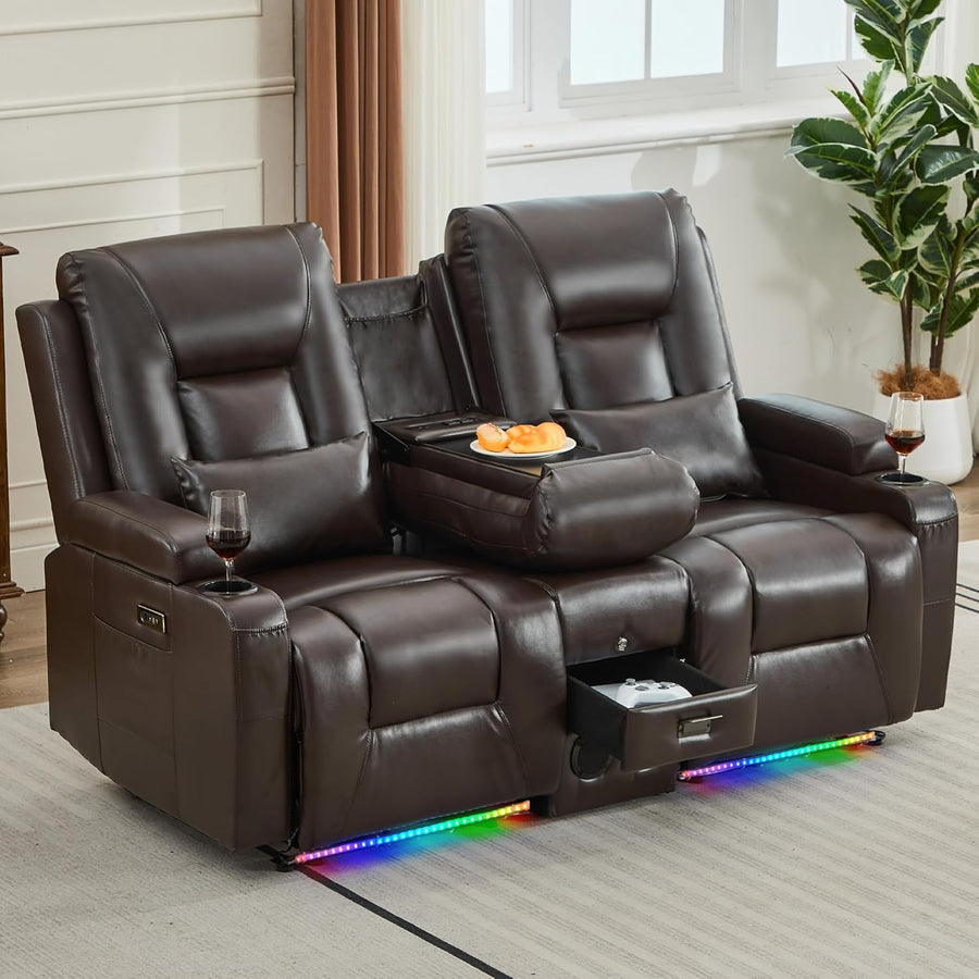 URRED Power Loveseat Recliner Sofa with Center Console, Wall Hugger RV Reclining Couch, Home Theater Seating with LED Lights, Bluetooth Speakers, USB Ports, Outlets, Cup Holders, Side Pockets (Coffee)