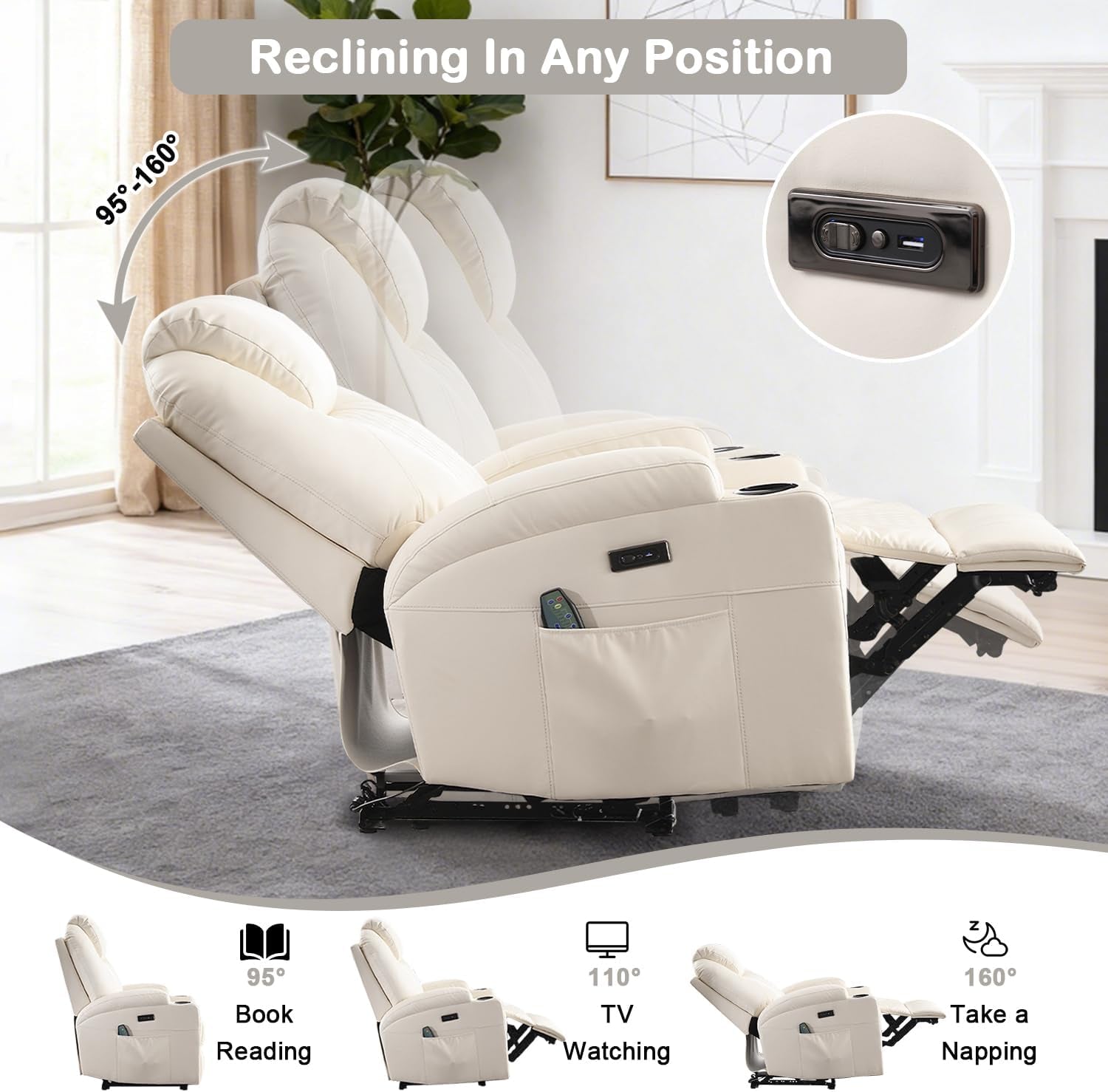 Power Recliner Chair with Heat and Massage for Adults - Home Theater Seating with LED Lights,Cup Holders,Side Pocket,Usb Port - Recliner Sofa for Living Room (Beige, Single Recliner)