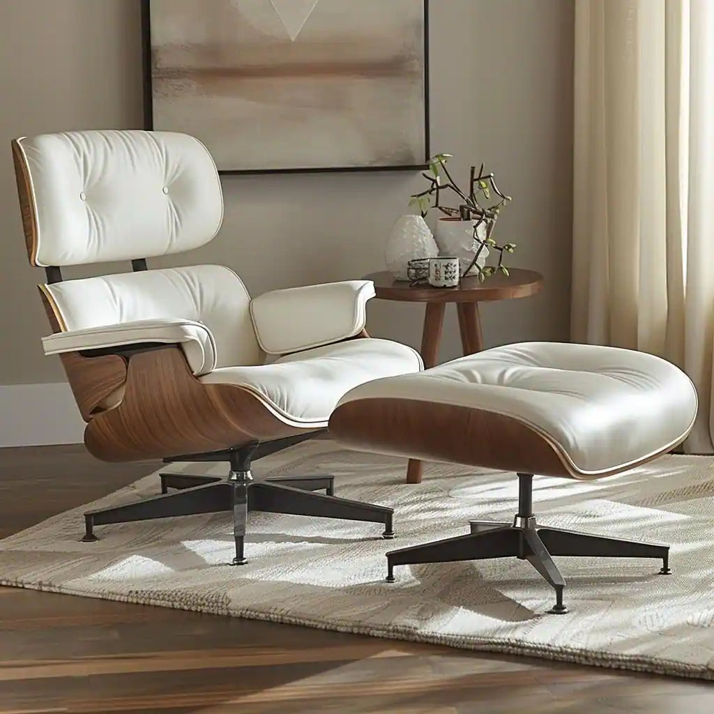 Mid-Century Full Grain Leather Accent Chaise Lounge Chair and Ottoman