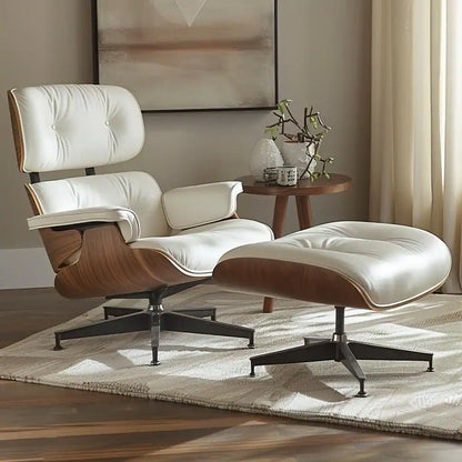 Mid-Century Full Grain Leather Accent Chaise Lounge Chair and Ottoman