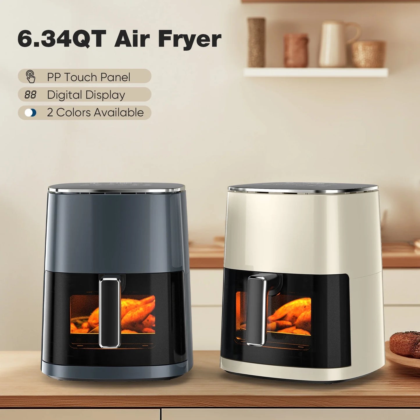 CONCETTA Air Fryer 6 Quart Capacity with Window Square Air Fryer 12-In-1 Air Fry, Roast, Reheat, Dehydrate, Bake, Steam with 400F Grey