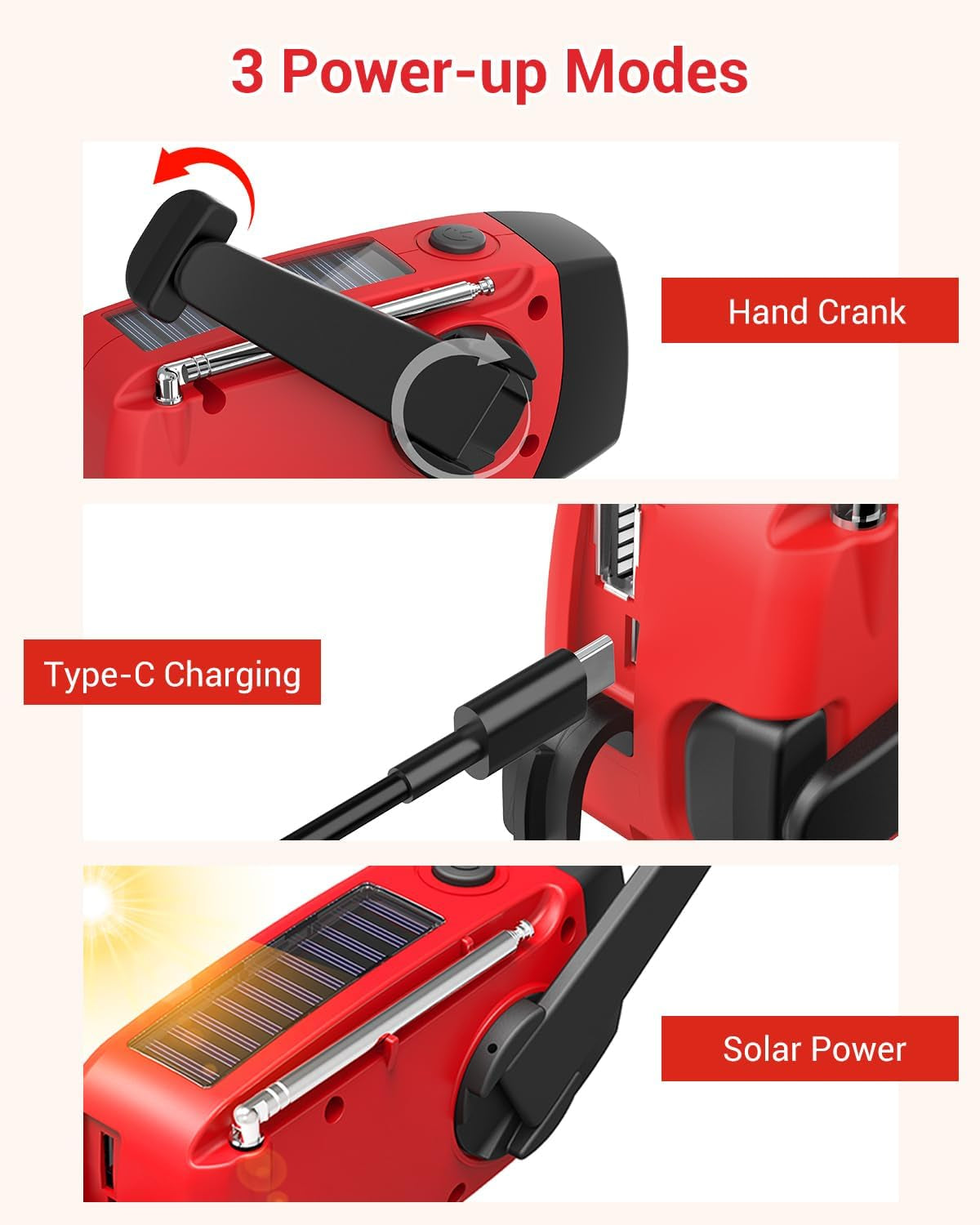 Emergency Hand Crank Radio 7400Mwh with 3 LED Flashlight, AM/FM/NOAA Portable Weather Radio with Power Bank Phone Charger, Solar Powered Rechargeable Radio for Indoor Survival Camping, SOS Alarm