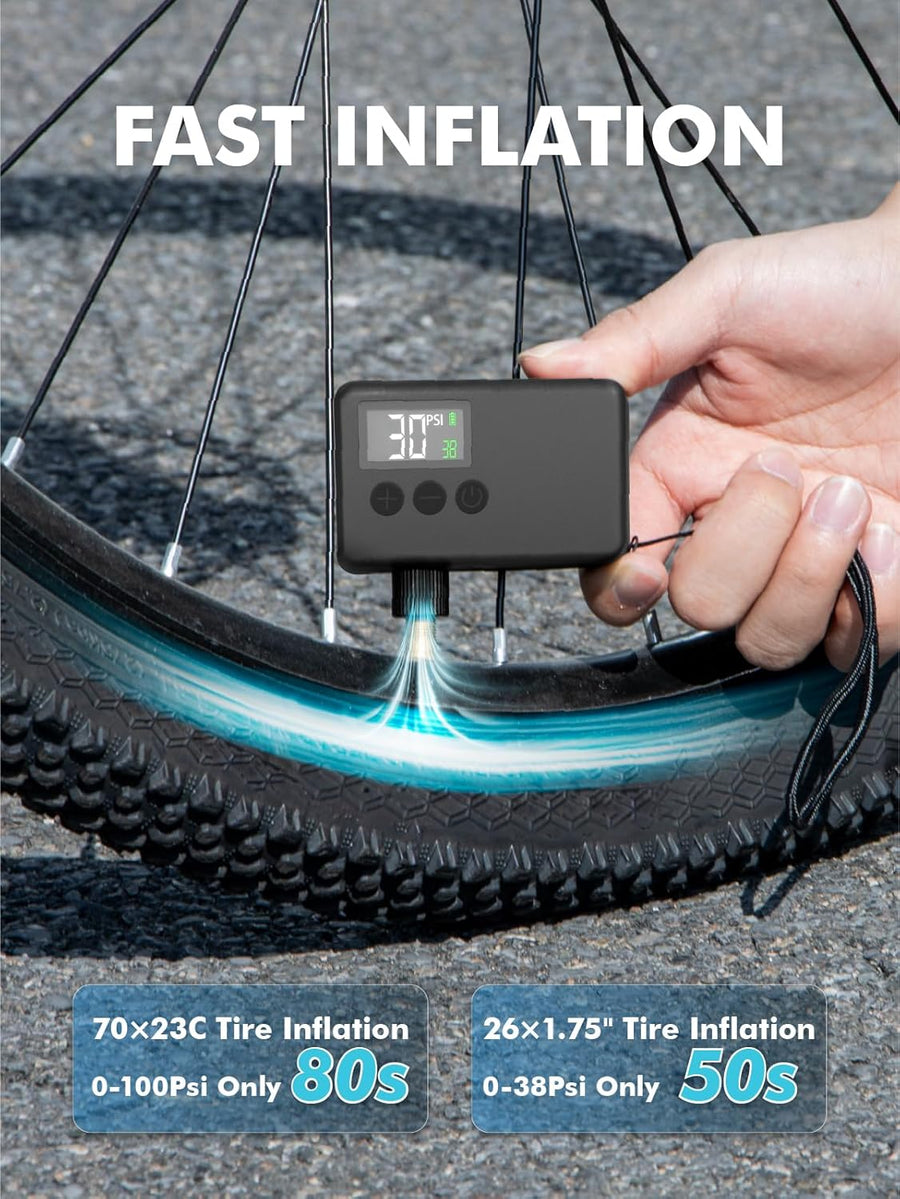 Mini Bike Tire Air Pump: Fast Inflate Portable Small Bicycle Electric Pump for Presta and Schrader Valves, 120 Psi High Pressure Pump with Digital Gauge for Road Bike, Mountain Bike, E-Bike