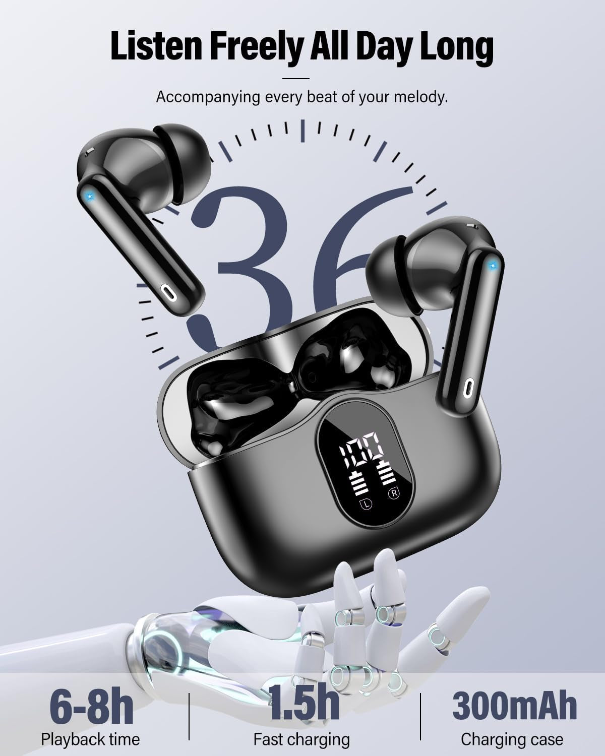 Wireless Earbuds, Bluetooth 5.4 Headphones Bass Stereo, Ear Buds with Noise Cancelling Mic, LED Display in Ear Earphones Clear Calls, IP7 Waterproof Bluetooth Earbuds for Phones/Sports/Laptop, Black