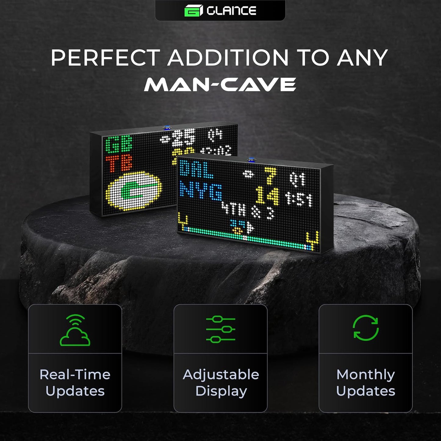 Glance LED Ticker - Customizable LED Display Sports Ticker, LED Display for Man Cave, Stock Market Ticker Display, Sports Score Retro Smart Pixel Display, Weather Display - 10.5"X5.5" Made in USA