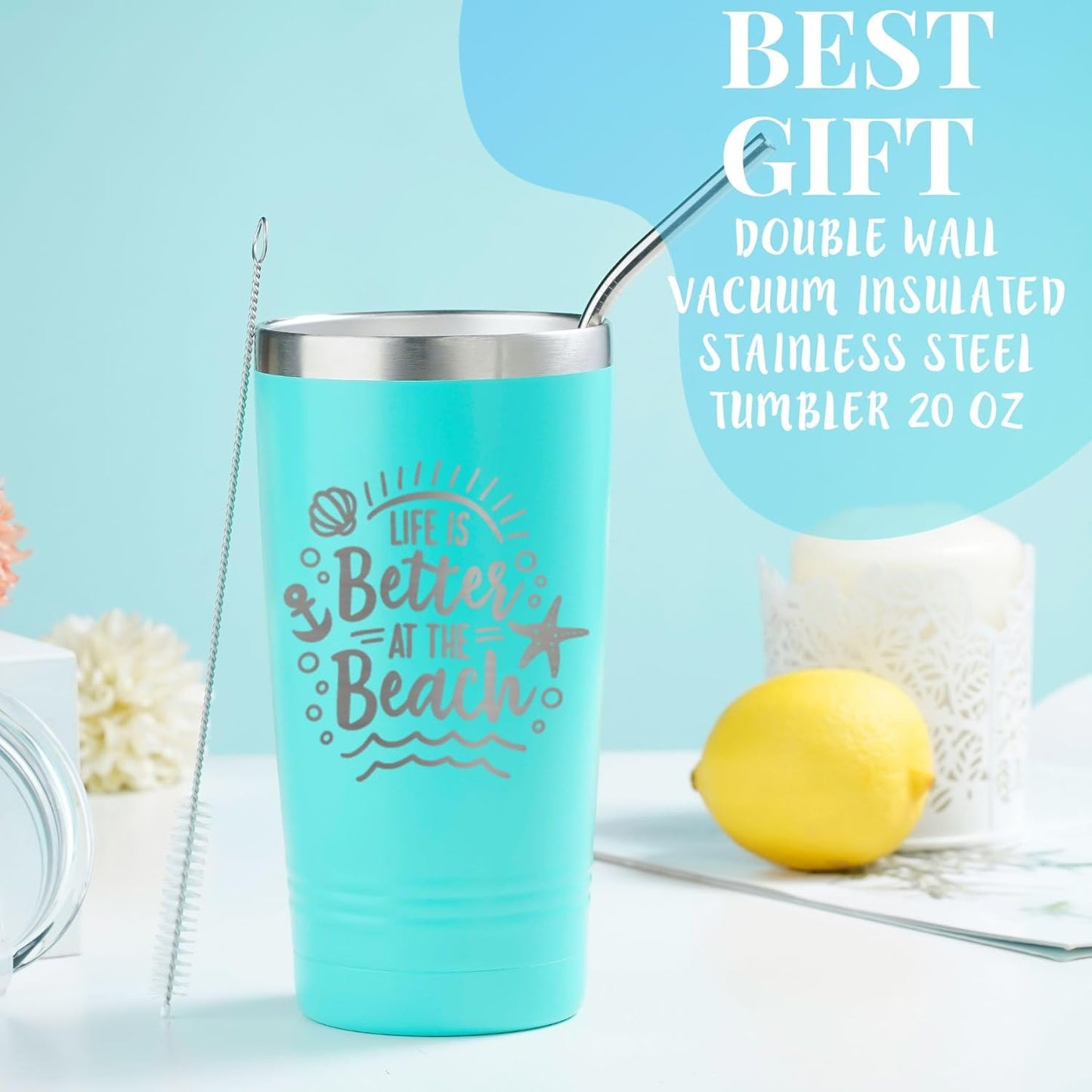 Onebttl Beach Gifts for Women or Men, 20Oz Vacuum Insulated Stainless Steel Travel Tumbler with Lid, Beach Themed Gifts, Gifts for Beach Lovers, Blue (Life Is Better at the Beach)