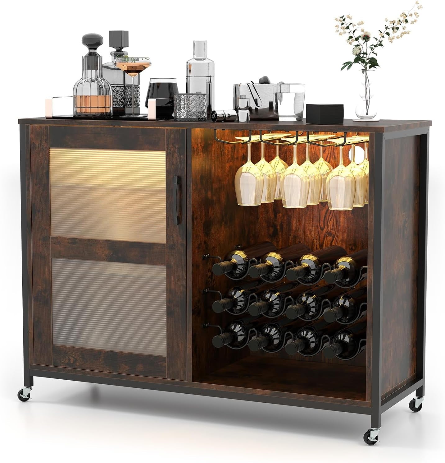 GOFLAME Wine Bar Cabinet on Wheels, Liquor Buffet Sideboard with LED Lights, Storage Shelves, Glass Holders & Wine Racks, Industrial Coffee Cart Station for Kitchen Dining Room, Rustic Brown