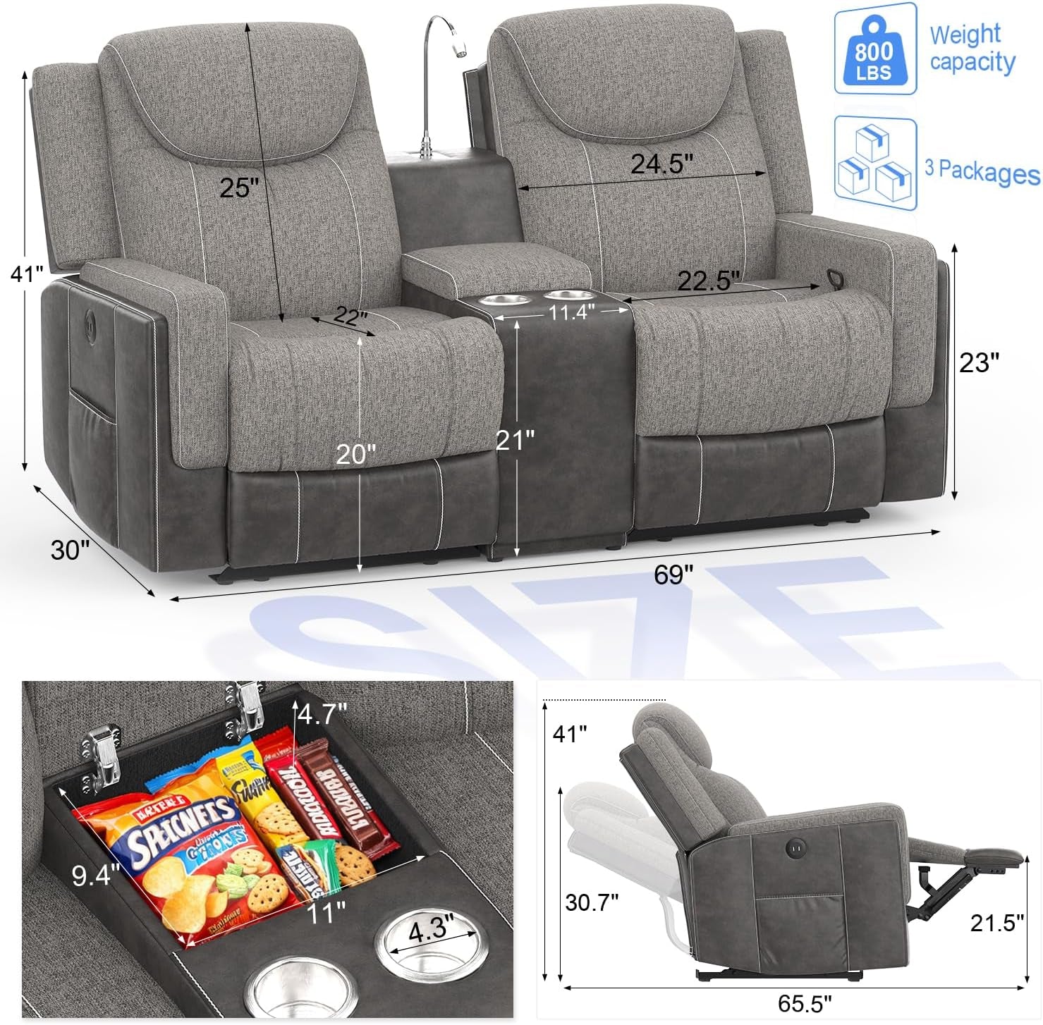 Duitrc Manual Loveseat Recliner Sofa, Home Theater Seating with Touch Reading Light, Console with Cup Holders & Storage, USB Ports, 2 Seater Reclining Couch for Living Room, RV, Home Theater