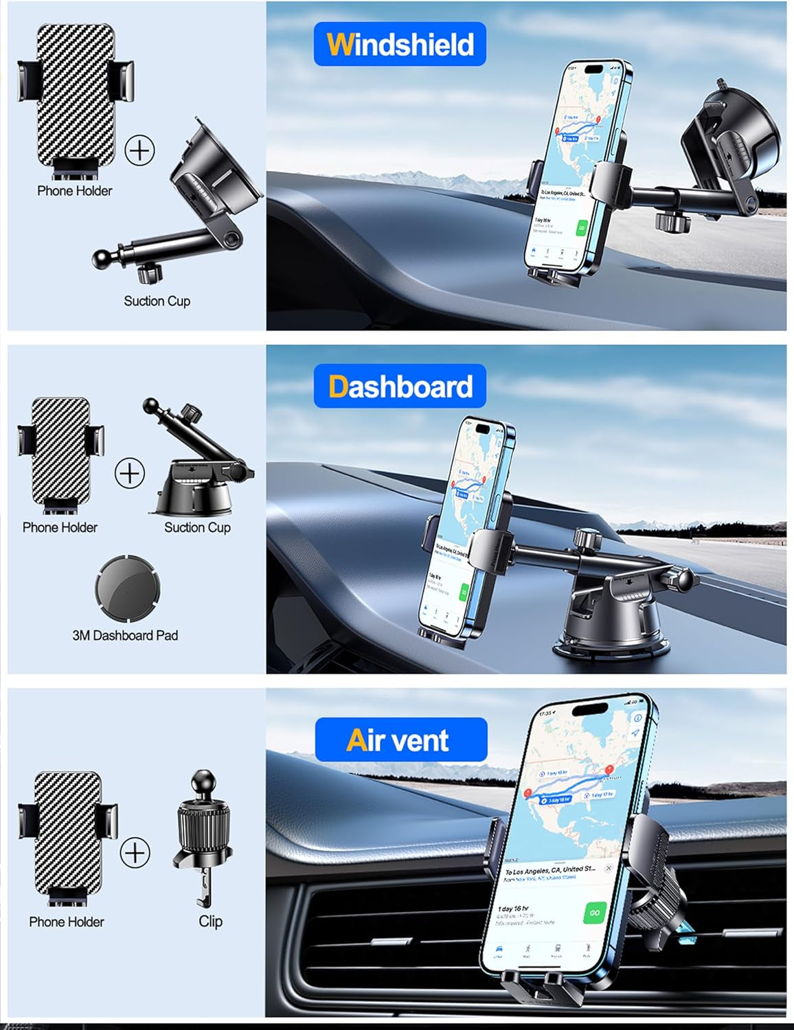 Dash Mounted Holders Phone Holders for Your Car Phone Mount for Car Windshield Dashboard Air Vent Universal Hands Free Automobile Cell Phone Holder Fit for Iphone Smartphone