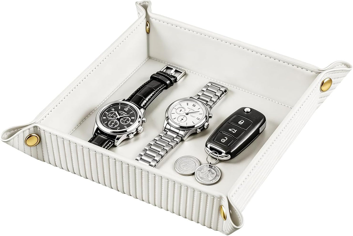 Viral Vault Roman Texture Valet Tray — PU Leather EDC Catchall & Nightstand Organizer