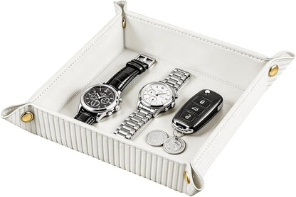 Viral Vault Roman Texture Valet Tray — PU Leather EDC Catchall & Nightstand Organizer