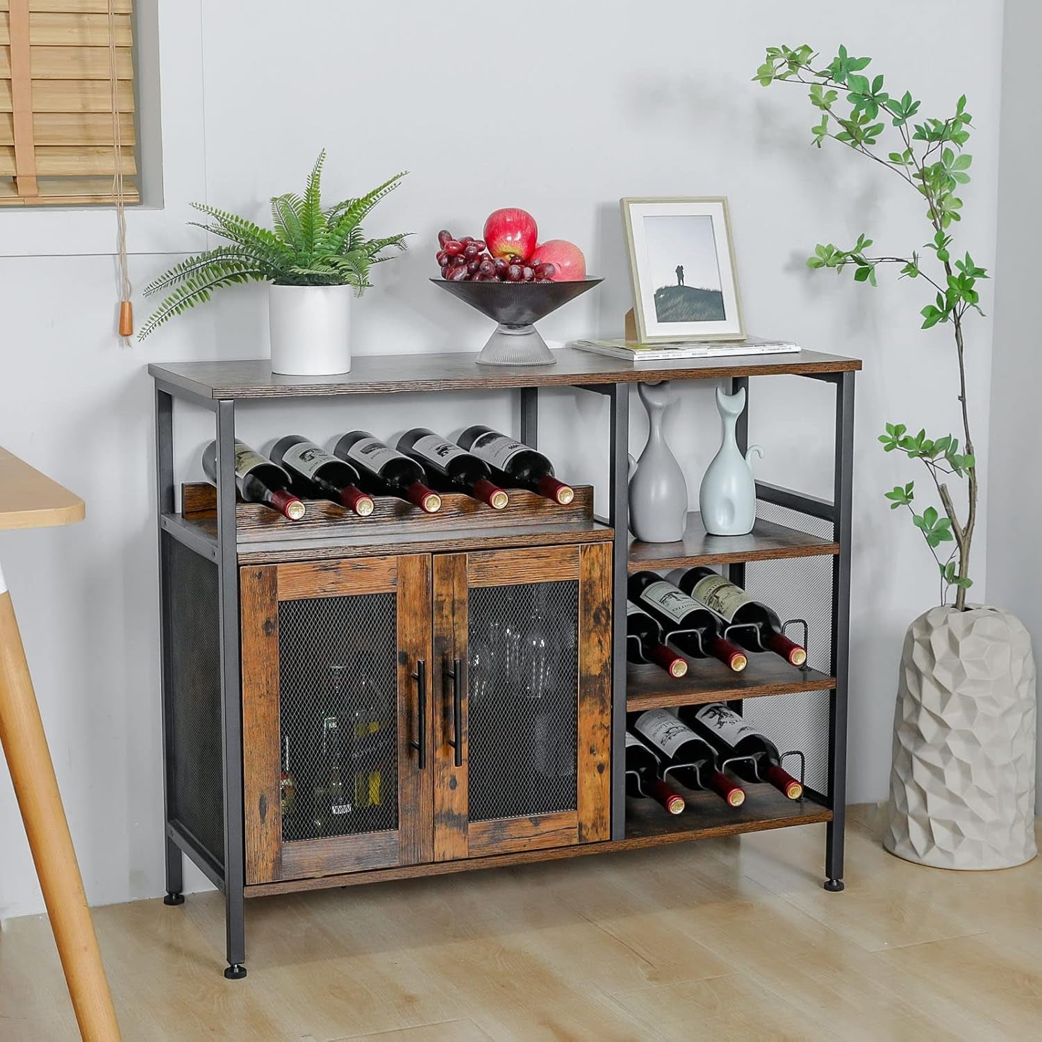 X-Cosrack Wine Bar Rack Cabinet with Detachable Wine Rack, Coffee Bar Cabinet with Glass Holder, Small Sideboard and Buffet Cabinet with Mesh Door, Rustic Brown, Large