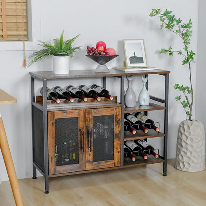 X-Cosrack Wine Bar Rack Cabinet with Detachable Wine Rack, Coffee Bar Cabinet with Glass Holder, Small Sideboard and Buffet Cabinet with Mesh Door, Rustic Brown, Large