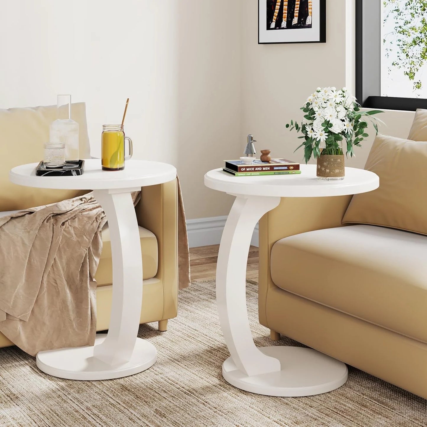 Solid Wood round End Table Mid Century C-Shaped Side Table for Living Room & Bedroom