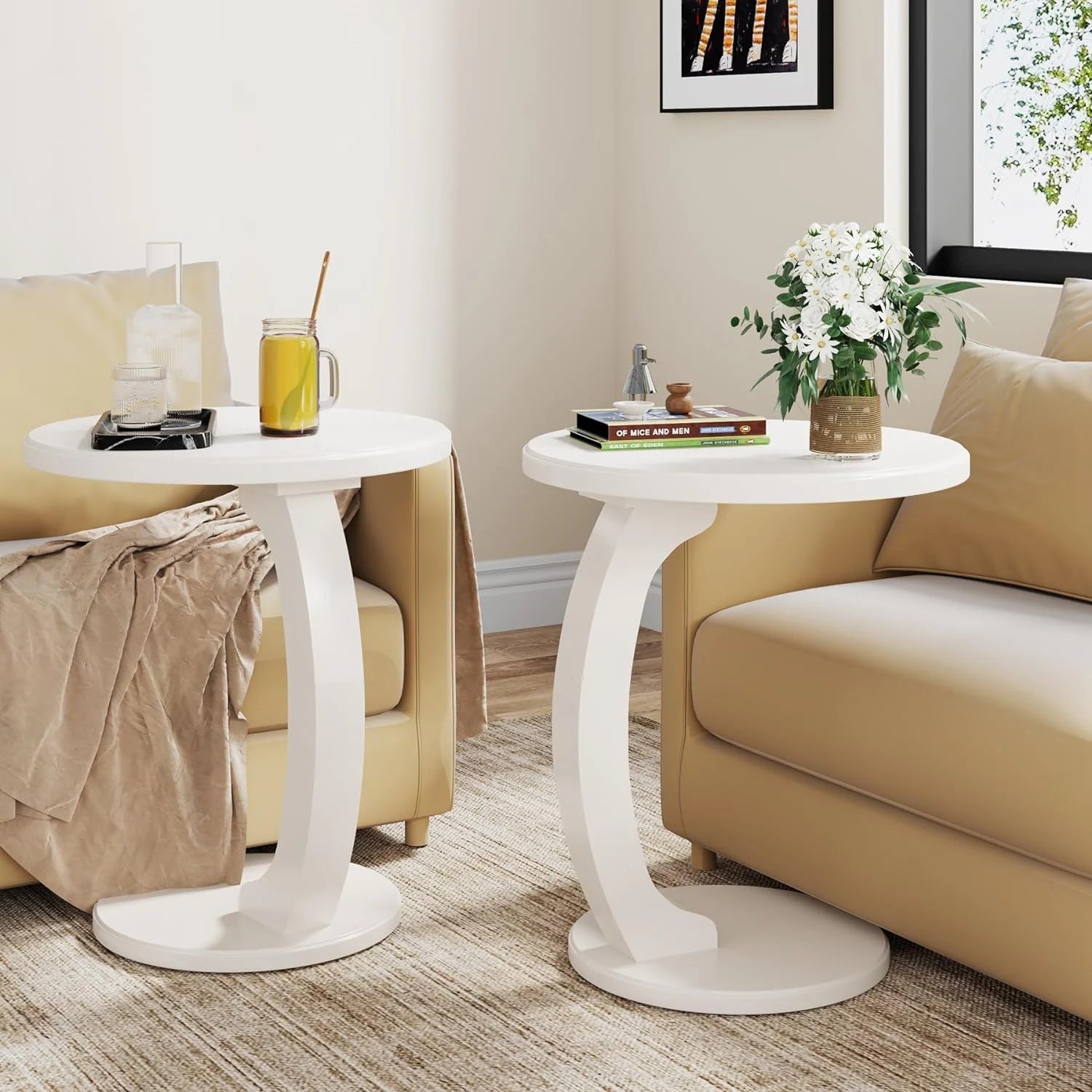 Solid Wood round End Table Mid Century C-Shaped Side Table for Living Room & Bedroom