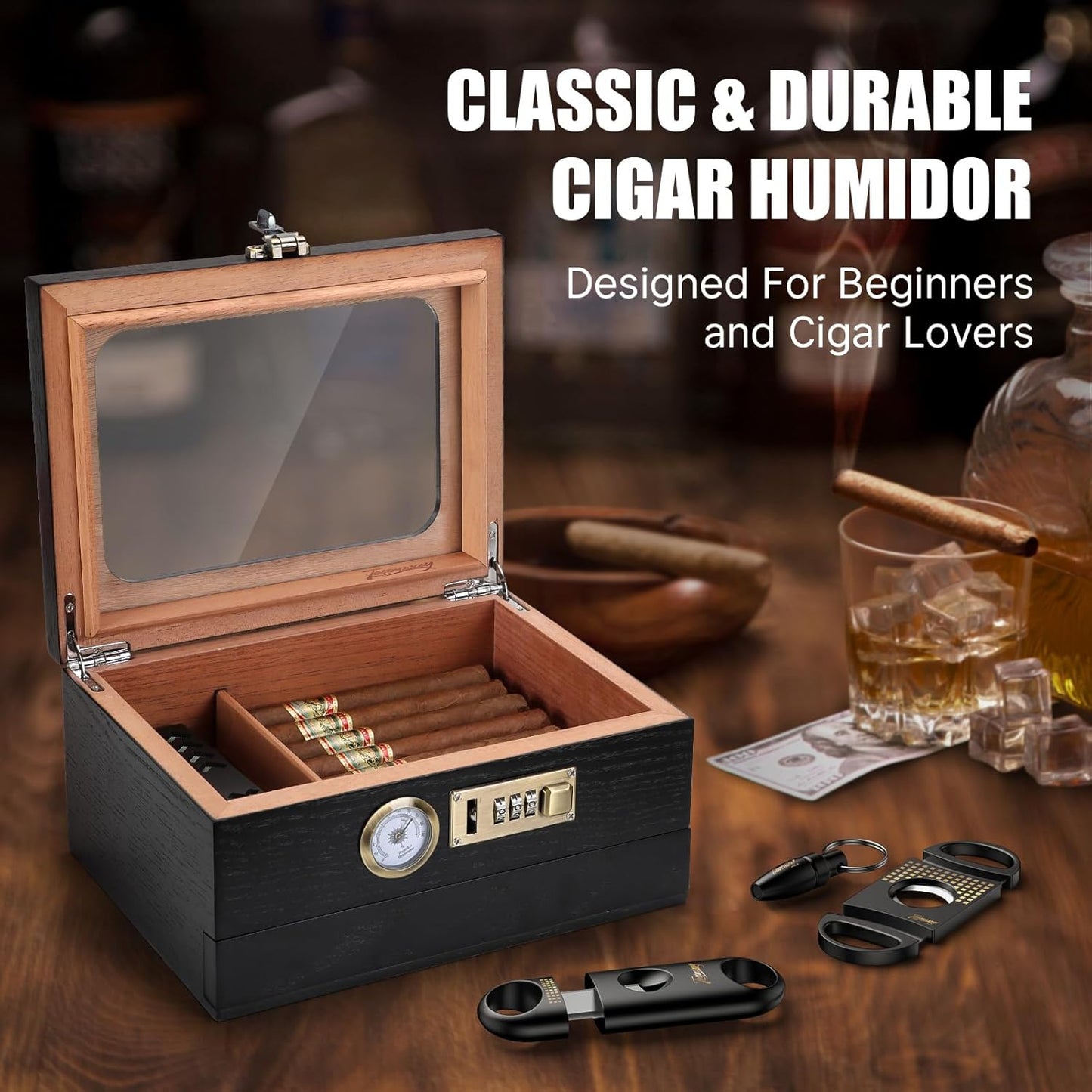 Cigar Humidor, Cedar Wood Humidor Cigar Box, Glass Top Desktop Humidor with Front Hygrometer, Humidifier, Divider, Accessories Drawer and Combination Lock, Cigar Gifts for Men (Black)