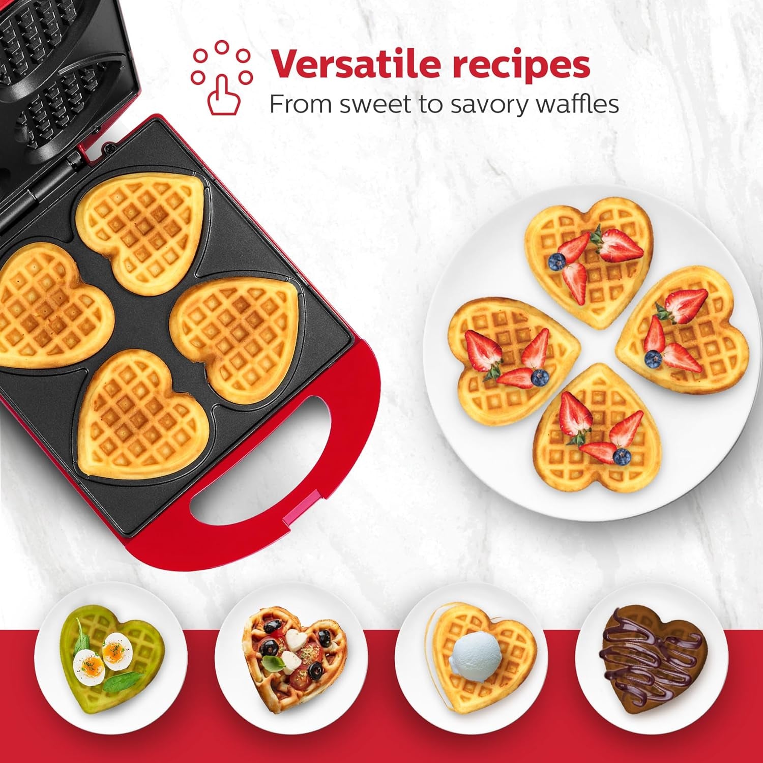 4-Section Heart Shaped Waffle Maker, Non-Stick Waffle Iron, Mini Waffle Maker for Kids, Non-Toxic Coating, Easy to Clean, Makes 4 Heart-Shaped Waffles in Minutes, Red